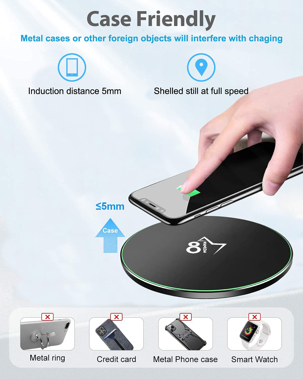 Arkade 87 W8 Wireless Charging Pad with 3.3ft Type-C USB Charging Cable