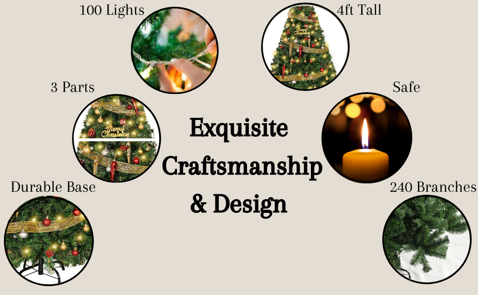 4 Ft Artificial Christmas Tree with 100 LED Lights & Assorted Ornaments | Exquisite Indoor/Outdoor Christmas Decorations | Perfect for Home Office & Holiday (4 Ft)