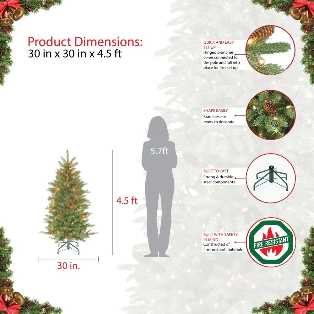 4 1/2 Ft. Pre-lit Slim Artificial Christmas Tree With 150 UL Listed Clear Lights Ornaments