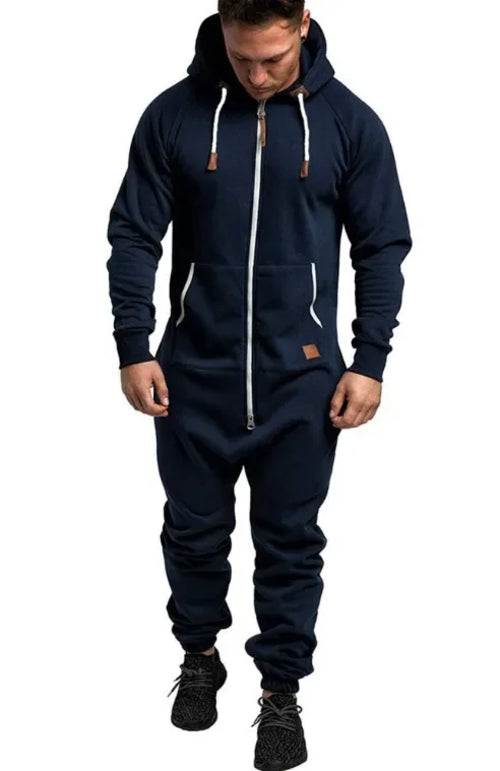 Men Long Sleeve Thick Hooded Solid Jumpsuit