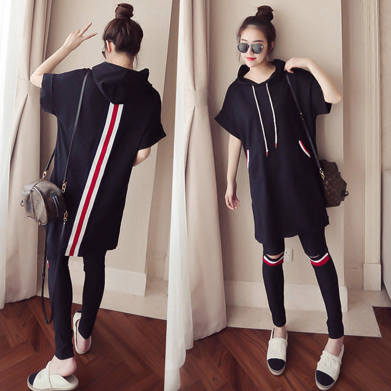 Women Two Piece Set  Long Hooded Sweatshirt Top and Pants Suit