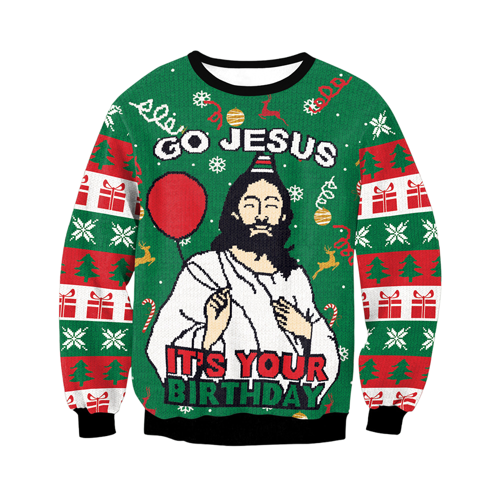 Funny Ugly Unisex Christmas sweater Festive Theme Go Jesus Its Your Birthday & Elf Print Sweatshirt Soft Gift Tops  Large  Green