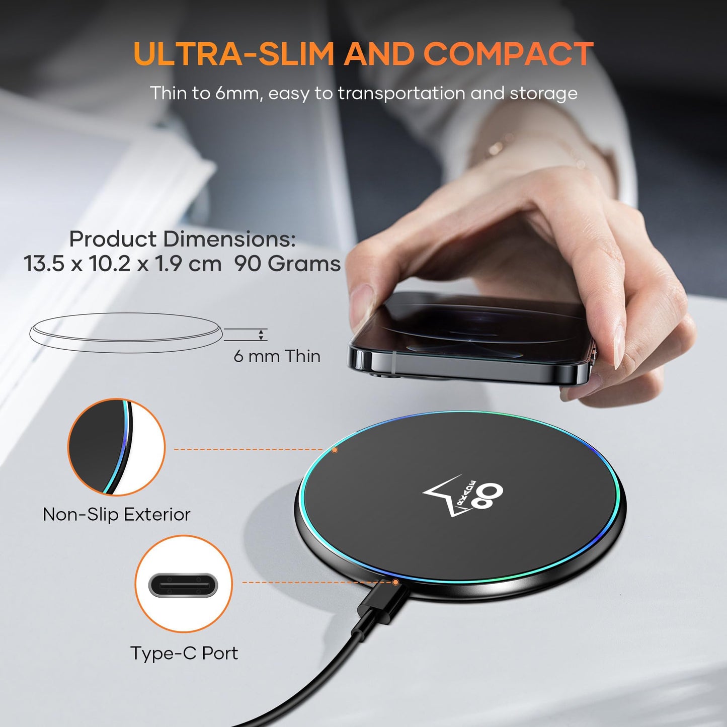 Arkade 87 W8 Wireless Charging Pad with 3.3ft Type-C USB Charging Cable