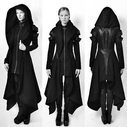 Halloween Ladies Black Hooded Irregular Long Medieval Jacket