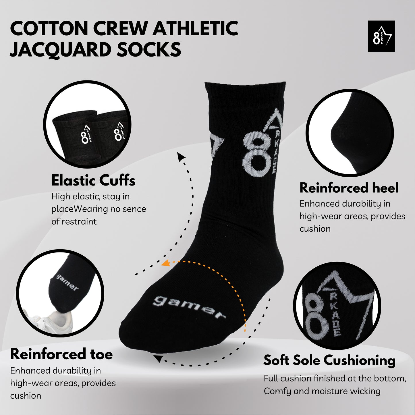 Arkade 87 Cotton Crew Athletic Jacquard Socks | Black | Medium Size | Gaming & Athlete Essential