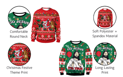 Funny Ugly Unisex Christmas sweater Festive Theme Go Jesus Its Your Birthday & Elf Print Sweatshirt Soft Gift Tops  Large  Green