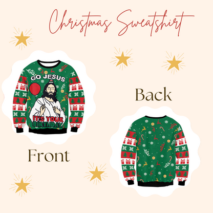 Funny Ugly Unisex Christmas sweater Festive Theme Go Jesus Its Your Birthday & Elf Print Sweatshirt Soft Gift Tops  Large  Green