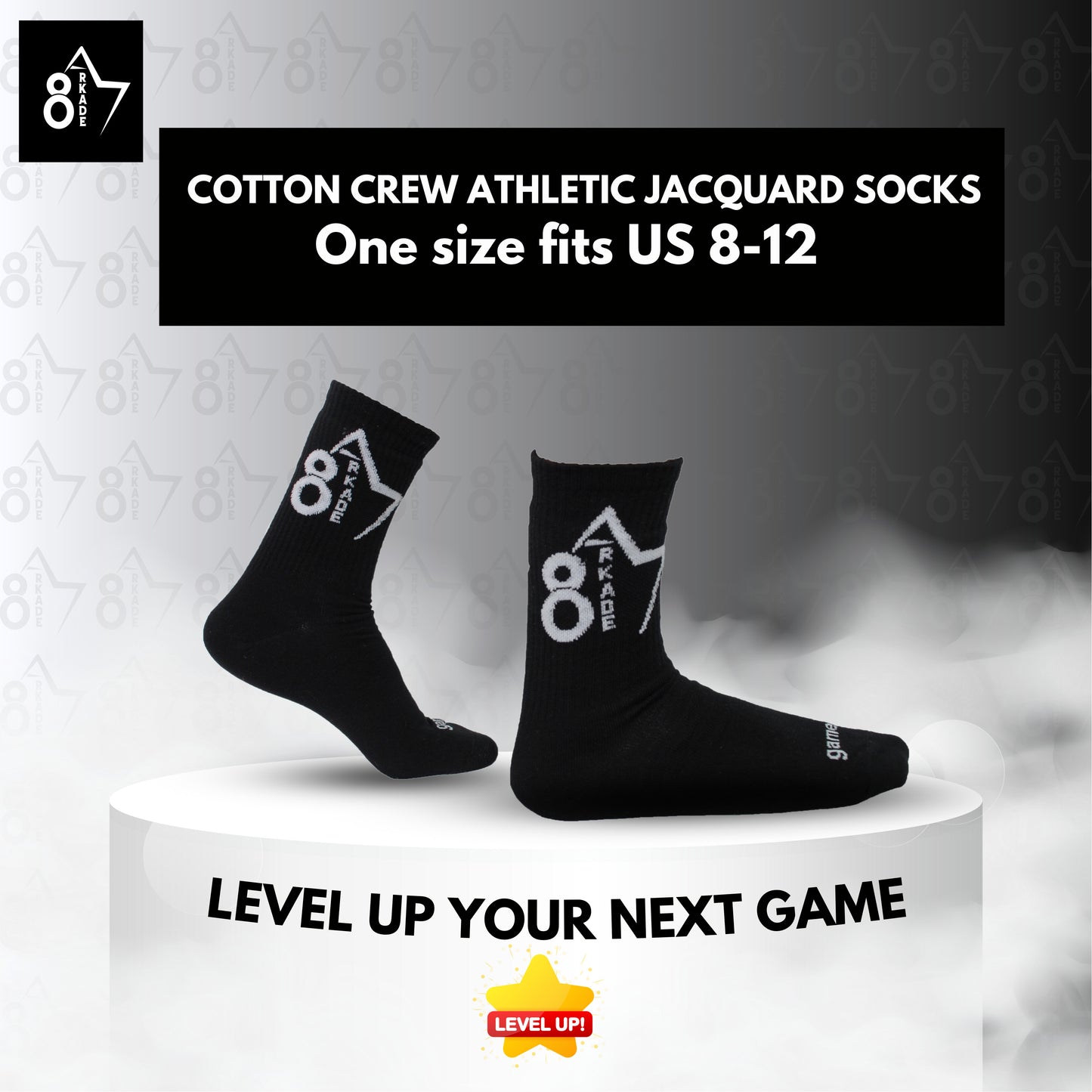 Arkade 87 Cotton Crew Athletic Jacquard Socks | Black | Medium Size | Gaming & Athlete Essential