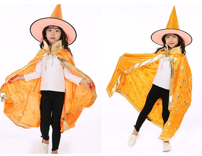 Halloween Kids Witch Cosplay Cloaks Magician Stage Show Performance Cloaks Child Witch Vampire Dresses with Hat Halloween Party