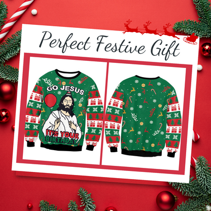 Funny Ugly Unisex Christmas sweater Festive Theme Go Jesus Its Your Birthday & Elf Print Sweatshirt Soft Gift Tops  Large  Green