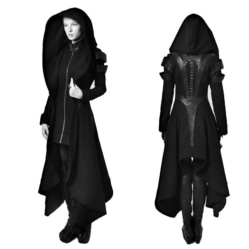 Halloween Ladies Black Hooded Irregular Long Medieval Jacket