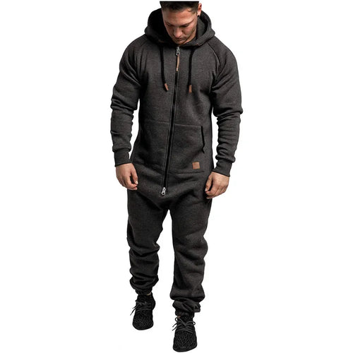 Men Long Sleeve Thick Hooded Solid Jumpsuit