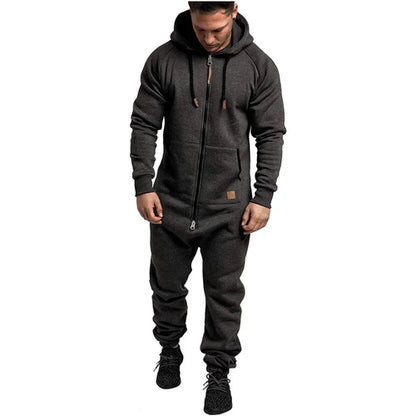 Men Long Sleeve Thick Hooded Solid Jumpsuit