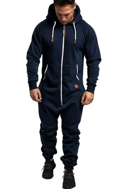 Men Long Sleeve Thick Hooded Solid Jumpsuit