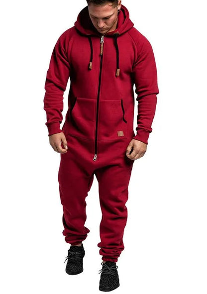 Men Long Sleeve Thick Hooded Solid Jumpsuit