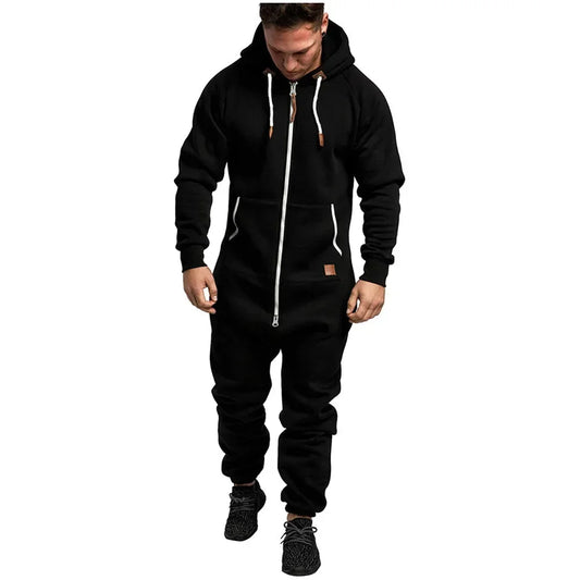 Men Long Sleeve Thick Hooded Solid Jumpsuit