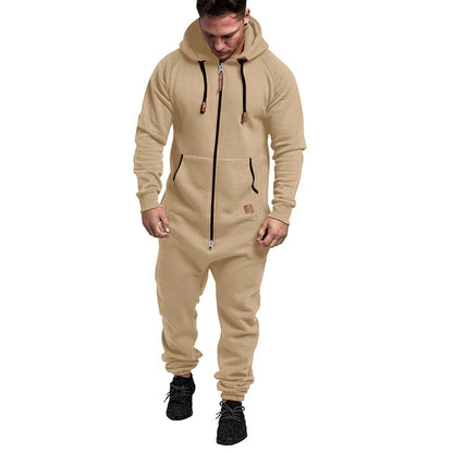Men Long Sleeve Thick Hooded Solid Jumpsuit