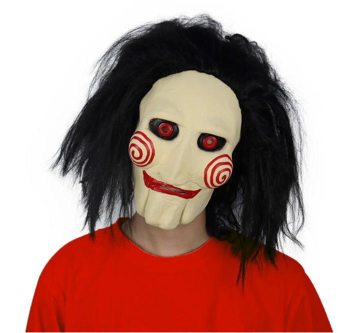 Jigsaw Halloween Mask with Wig Hair | Creepy Horror Latex Puppet Mask Prop for Unisex Halloween Cosplay Party | Scary Saw Mask Costume Party