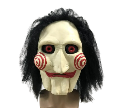 Jigsaw Halloween Mask with Wig Hair | Creepy Horror Latex Puppet Mask Prop for Unisex Halloween Cosplay Party | Scary Saw Mask Costume Party