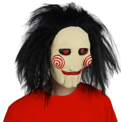 Jigsaw Halloween Mask with Wig Hair | Creepy Horror Latex Puppet Mask Prop for Unisex Halloween Cosplay Party | Scary Saw Mask Costume Party
