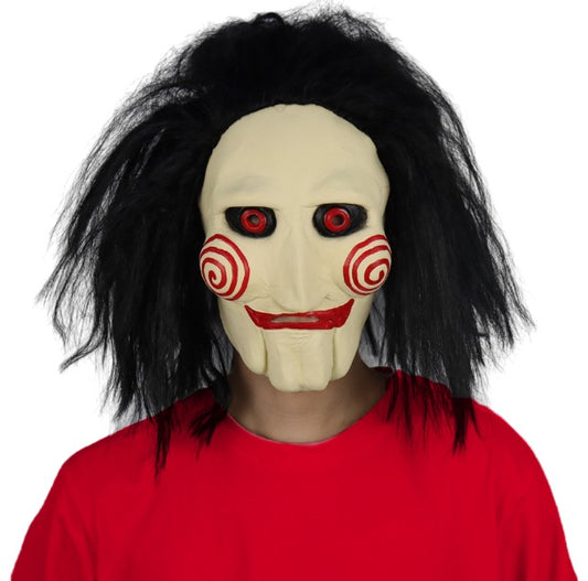 Jigsaw Halloween Mask with Wig Hair | Creepy Horror Latex Puppet Mask Prop for Unisex Halloween Cosplay Party | Scary Saw Mask Costume Party