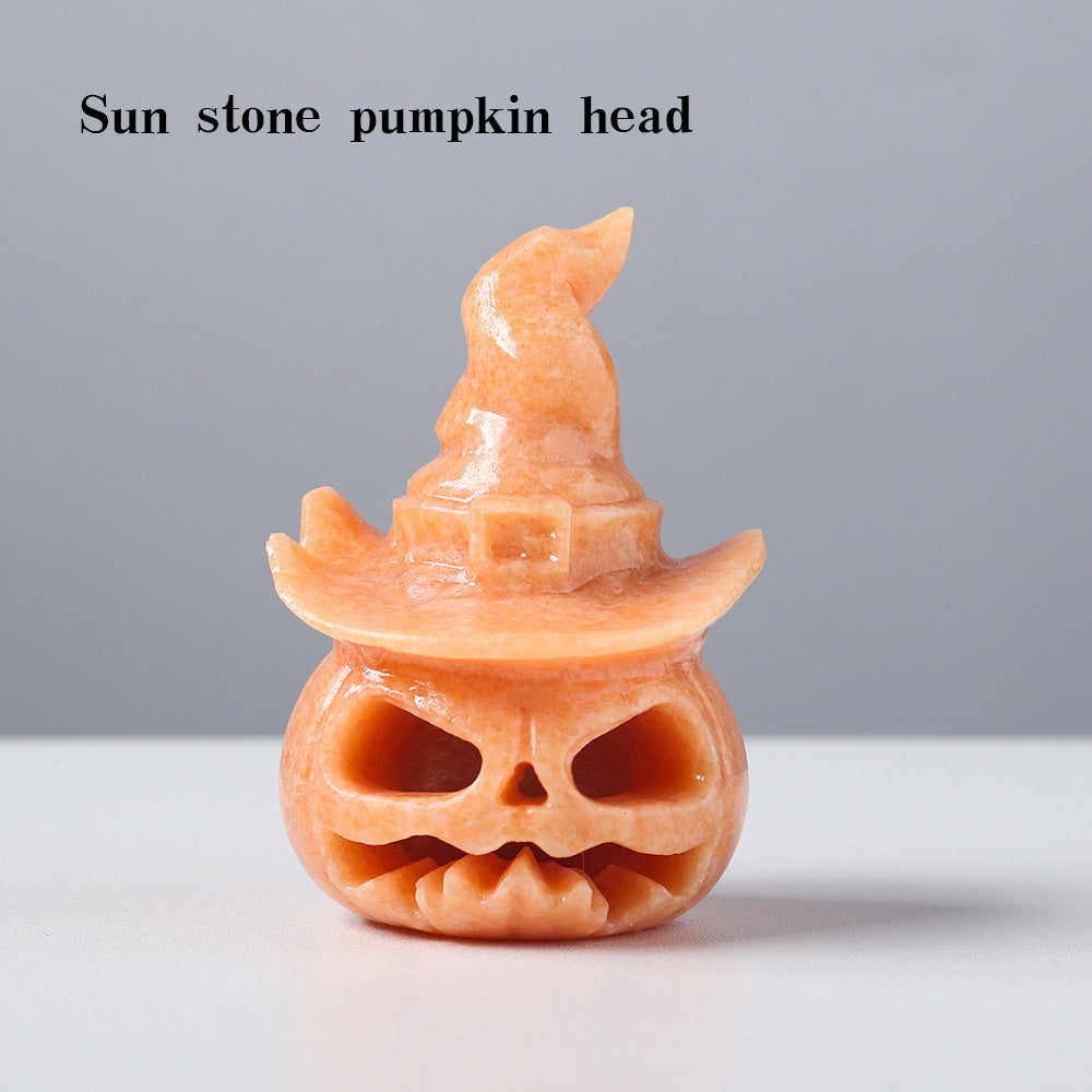 Natural Sunstone Pumpkin Head Decoration Manual Gem Carving and Hollowing Process Halloween Decorative Lights