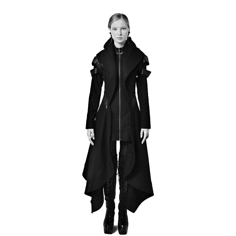 Halloween Ladies Black Hooded Irregular Long Medieval Jacket