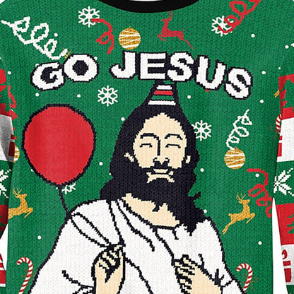 Funny Ugly Unisex Christmas sweater Festive Theme Go Jesus Its Your Birthday & Elf Print Sweatshirt Soft Gift Tops  Large  Green