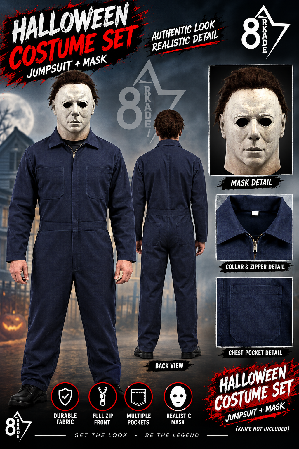 Men’s Halloween Horror Costume Jumpsuit & Realistic Mask Set Cosplay Outfit