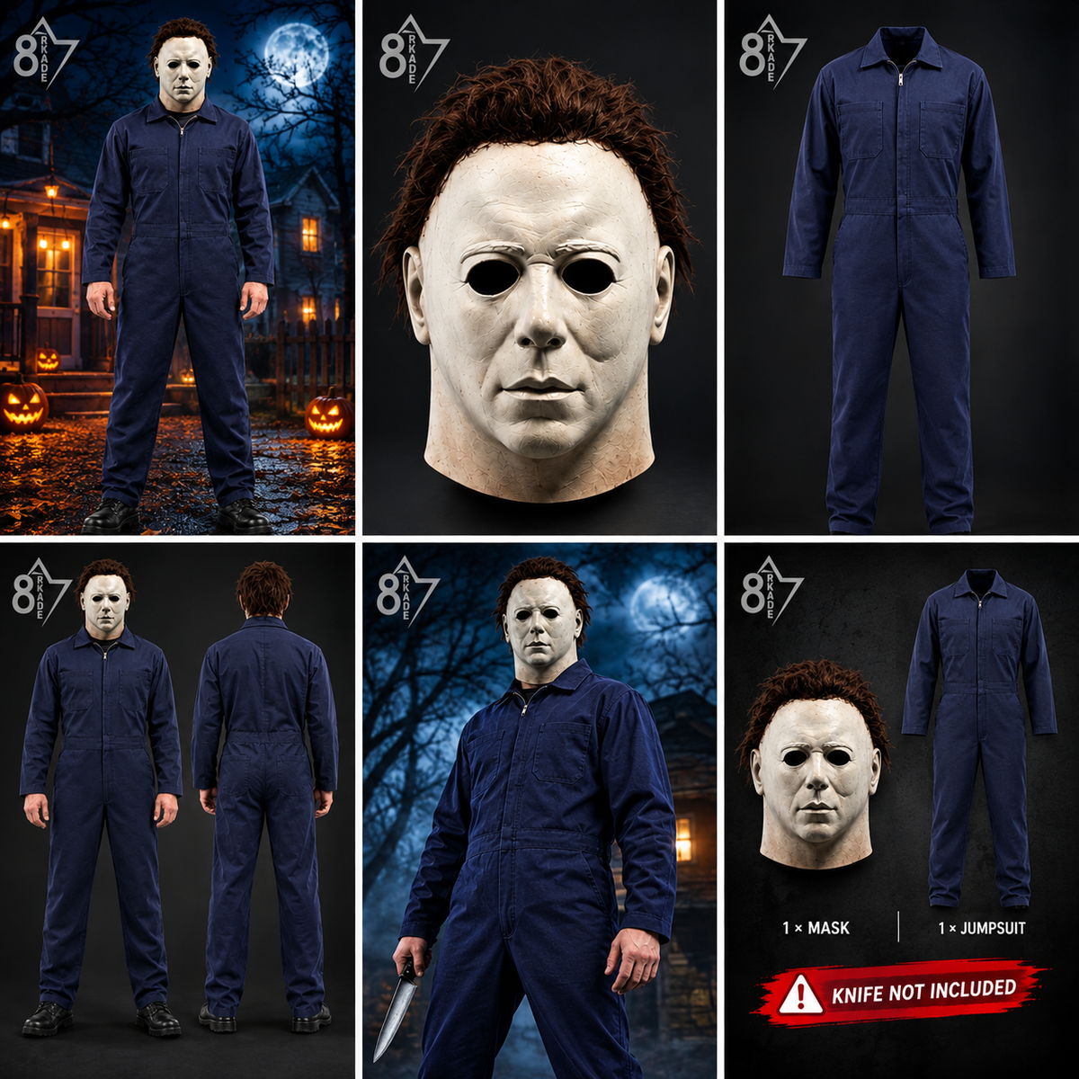 Men’s Halloween Horror Costume Jumpsuit & Realistic Mask Set Cosplay Outfit