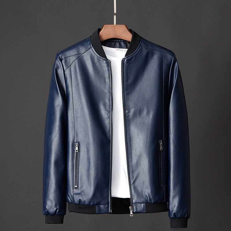 Mens Spring Leather  Stand Collar Long Sleeve Oversized Motorcycle Jacket