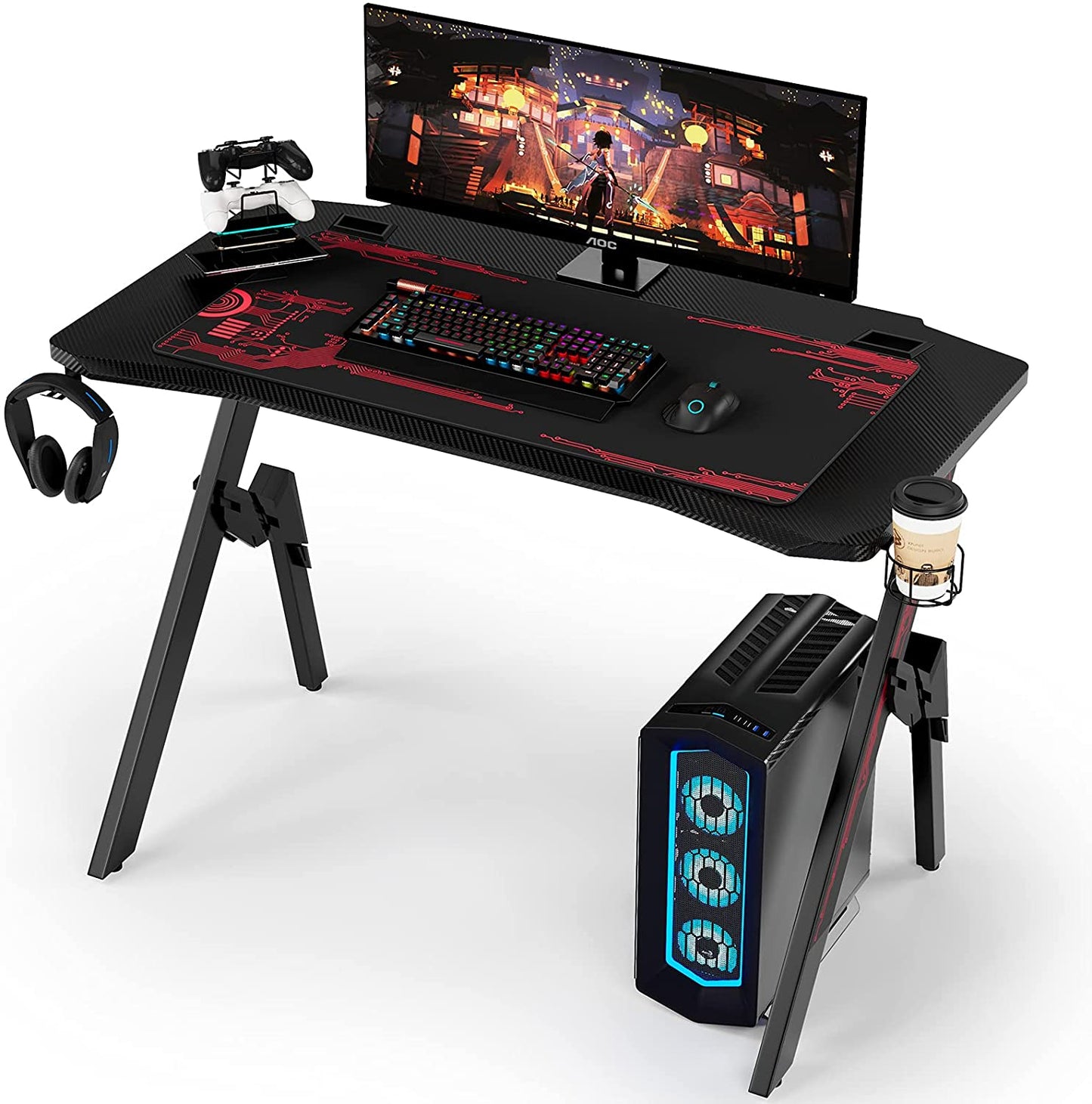 Gaming Table With Computer Desk, Mouse Pad, Cup Holder, Controller Stand And Headphone Hook