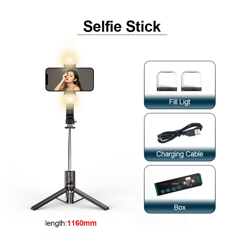 Extended  bluetooth selfie stick fill light tripod with remote shutter